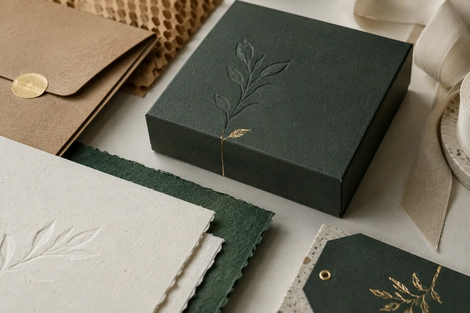 Green presentation box with textured papers and packaging materials